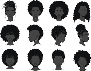 Afro hairstyle women vector set, African American female silhouette with curly hair, natural black haircuts, beauty fashion illustration design