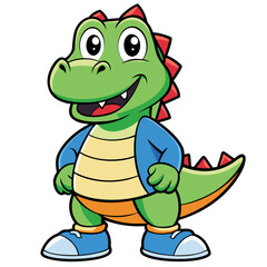 A funny green dinosaur cartoon character illustration with a happy smile and cute drawing