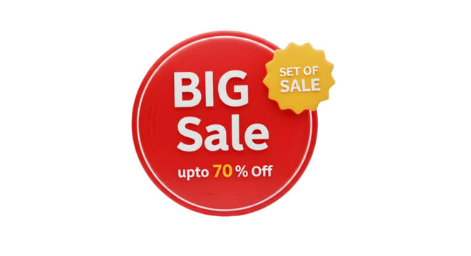 Red big sale badge with up to 70% off and a yellow set of sale tag promoting discounts and special offers for retail and online shopping events