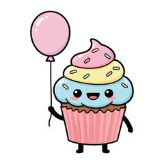 Cute cupcake character holding a balloon vector illustration for birthday party invitations isolated on white background
