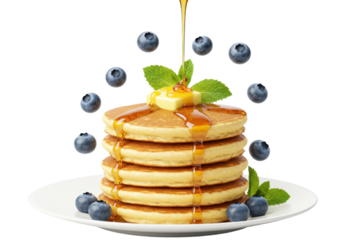 Isolated stack of golden pancakes topped with melting butter, mint, blueberries, and syrup drizzling