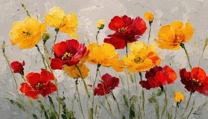 Hand-Painted Abstract Floral Oil Painting Featuring Yellow And Red Flowers In A Soft Vintage Style. Celebrating The Beauty Of Spring Flower Seasonal Nature.