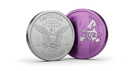 Coins shimmer, silver and purple, eagle and euro emblems, detailed surface, contrasts US and Europe, finances, currency comparison, branding, infographics.
