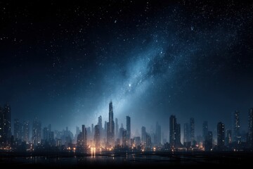 Fototapeta premium Nighttime cityscape with illuminated skyline and star-filled sky