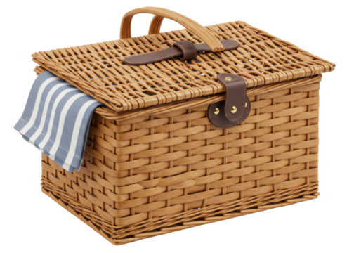 Isolated picnic basket with striped cloth napkin, wicker, natural, handle and leather strap