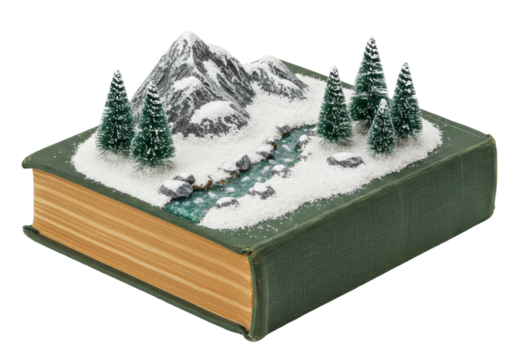 Isolated handmade mountain river scene on a green book, creative scenic diorama art