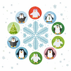 Fototapeta premium Cute cartoon penguins and snowflake illustration for winter holidays.