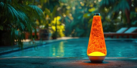 Glowing Orange Lava Lamp by Poolside at Night