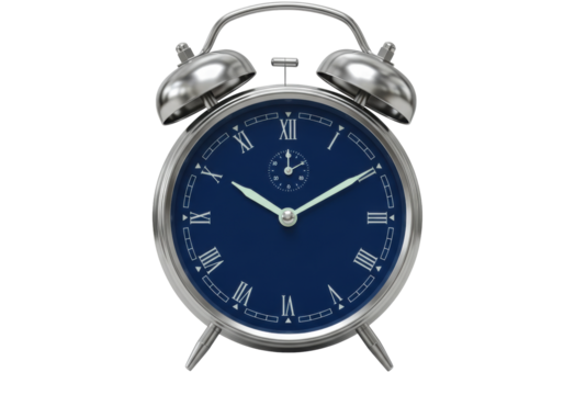 Isolated Alarm Clock with Blue Face and Roman Numerals for Waking up on Time