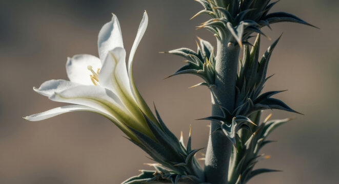White lily flower blooming with yellow stamens among green spiky leaves. Desert plant flowering in arid environment for botanical education and drought resistance themes