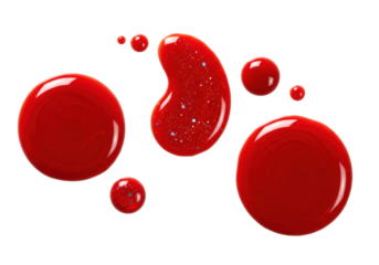 Isolated drops of red nail polish, glossy, spilled, droplets, glitter texture, beauty product