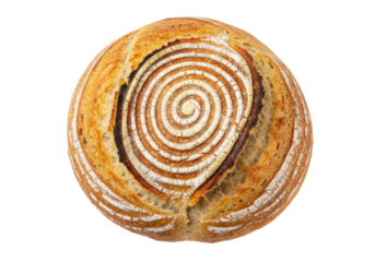 Isolated golden-brown spiral-scored sourdough loaf, artisanal bakery-made bread top view