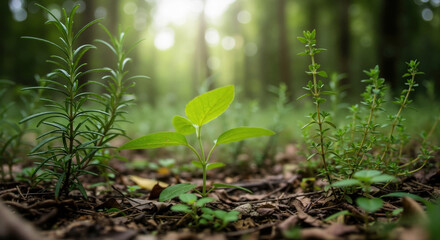 Young seedling with green leaves growing on forest floor among fallen debris. Small plant emerging from soil in woodland environment for growth and renewal themes