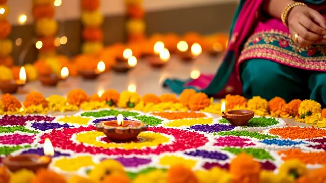 Woman lights diya on rangoli for diwali celebration at home india