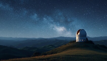 Obraz premium Stunning observatory dome under a breathtaking Milky Way galaxy on a clear starry night overlooking rolling hills