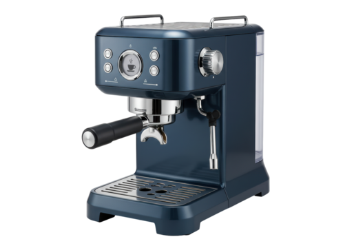 Isolated espresso machine for home or small commercial use, modern blue color, kitchen appliance