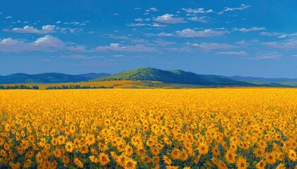 Fototapeta premium Golden Sunflower Field: A Rural Landscape Oil Painting Depicting Warm Sunlight, Orange Hills, And Blue Skies