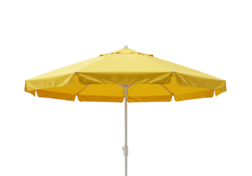 Isolated yellow garden parasol casting shade on sunny patio or outdoor area, summertime