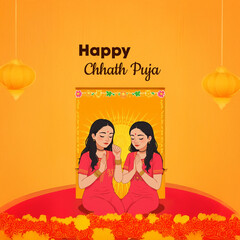 Happy Chhath Puja Template Celebration with Traditional Rituals and Offerings, for Social Media