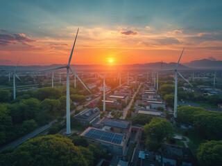 Aerial view of wind turbines and solar panels at sunset, symbolizing renewable energy, sustainability, and clean technology for a greener future.