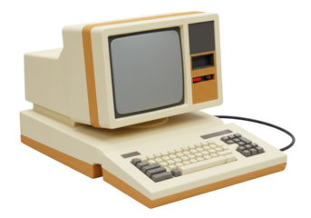 Isolated vintage personal computer retro desktop technology old school computing device classic eighties style beige woodgrain monitor keyboard