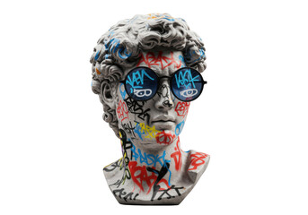 Fototapeta premium Isolated classical David bust sculpture with vibrant colorful graffiti and stylish round sunglasses representing modern street art and urban culture