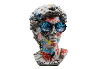 Isolated classical David bust sculpture with vibrant colorful graffiti and stylish round sunglasses representing modern street art and urban culture