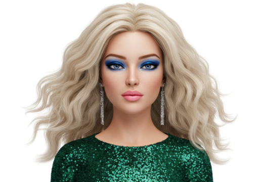 Isolated beautiful woman with long blonde wavy hair striking blue eyes sparkling green sequin top elegant earrings fashion beauty glamour