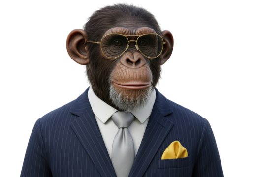 Isolated chimpanzee in a stylish pinstripe suit wearing aviator sunglasses and a grey tie with a yellow pocket square professional animal portrait