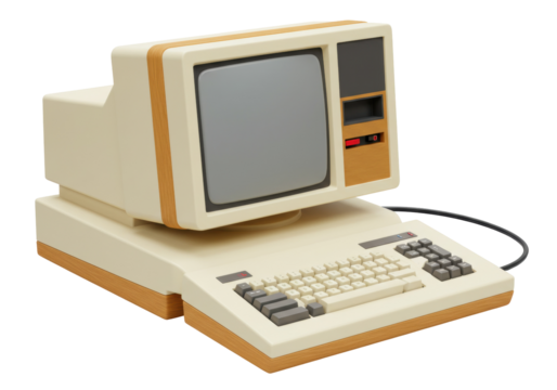 Isolated vintage personal computer retro desktop technology old school computing device classic eighties style beige woodgrain monitor keyboard