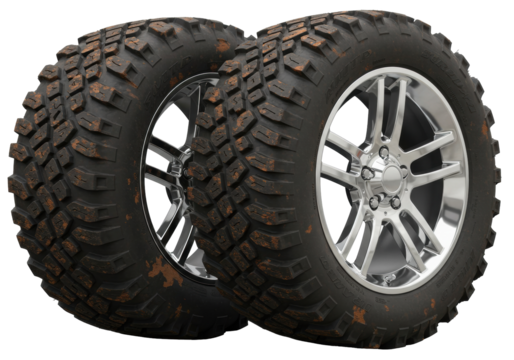 Isolated pair of rugged off road vehicle tires with chrome rims covered in mud and dirt ready for extreme terrain adventures