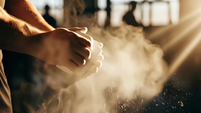Man preparing for workout with chalk dust in gym sunlight rays