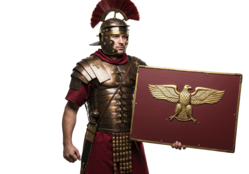 Roman legionary in full armor isolated PNG, holding scutum with eagle emblem