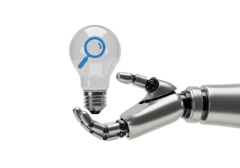 Isolated Robotic Hand Holding Search Icon Light Bulb Suggesting Intelligent Discovery