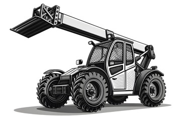 Black and White Illustration of a Telehandler on White Background Keywords: telehandler