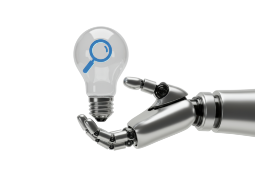 Isolated Robotic Hand Holding Search Icon Light Bulb Suggesting Intelligent Discovery
