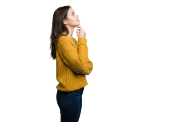 Isolated woman looking up deep in thought, pondering, thinking, considering ideas, plans