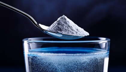 macro shot of creatine powder being mixed into water with spoon in glass