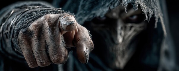 Hooded figure with skeletal face pointing dramatically in ominous setting