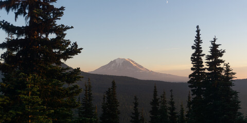 Mountain peak view at dusk with evergreen trees in foreground and crescent moon in the sky above © Rodrigo