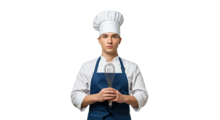 Young male chef in uniform isolated on transparent PNG, holding whisk for cooking and baking in restaurant or culinary school