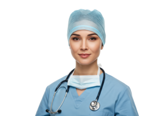 Beautiful female doctor in blue scrubs with stethoscope isolated on transparent background, healthcare professional for medical concepts