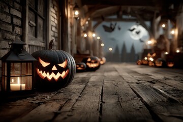 Fototapeta premium Carved pumpkin lanterns glowing in a spooky Halloween night scene