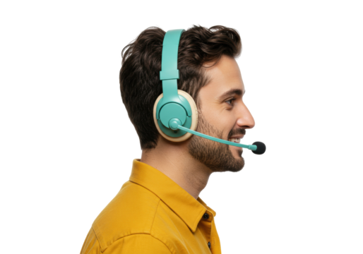 Smiling man with turquoise headset and microphone isolated, customer service representative on white background PNG