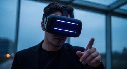 Young caucasian male engaging with futuristic vr headset in modern setting