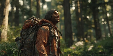 Happy Voxel Hiker with Backpack Exploring Forest Scene