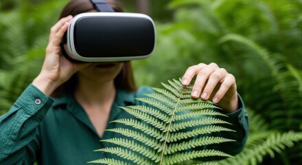 Young caucasian woman exploring nature with vr headset in lush greenery