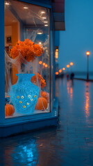 Bright blue vase with flowers and pumpkins decorates shop window on a rainy evening