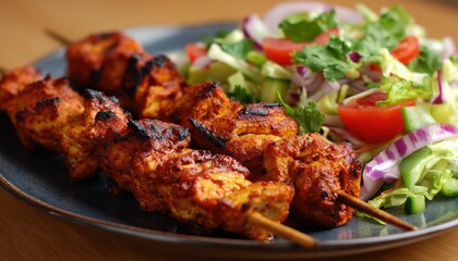 Fototapeta premium Tasty Chicken Masala Skewers Served With Fresh Veggie Salad: A Flavorful And Satisfying Dish For Any Occasion. Great For Grilling!