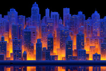 Brightly lit city skyline at night with colorful lights illuminating tall buildings by the water
